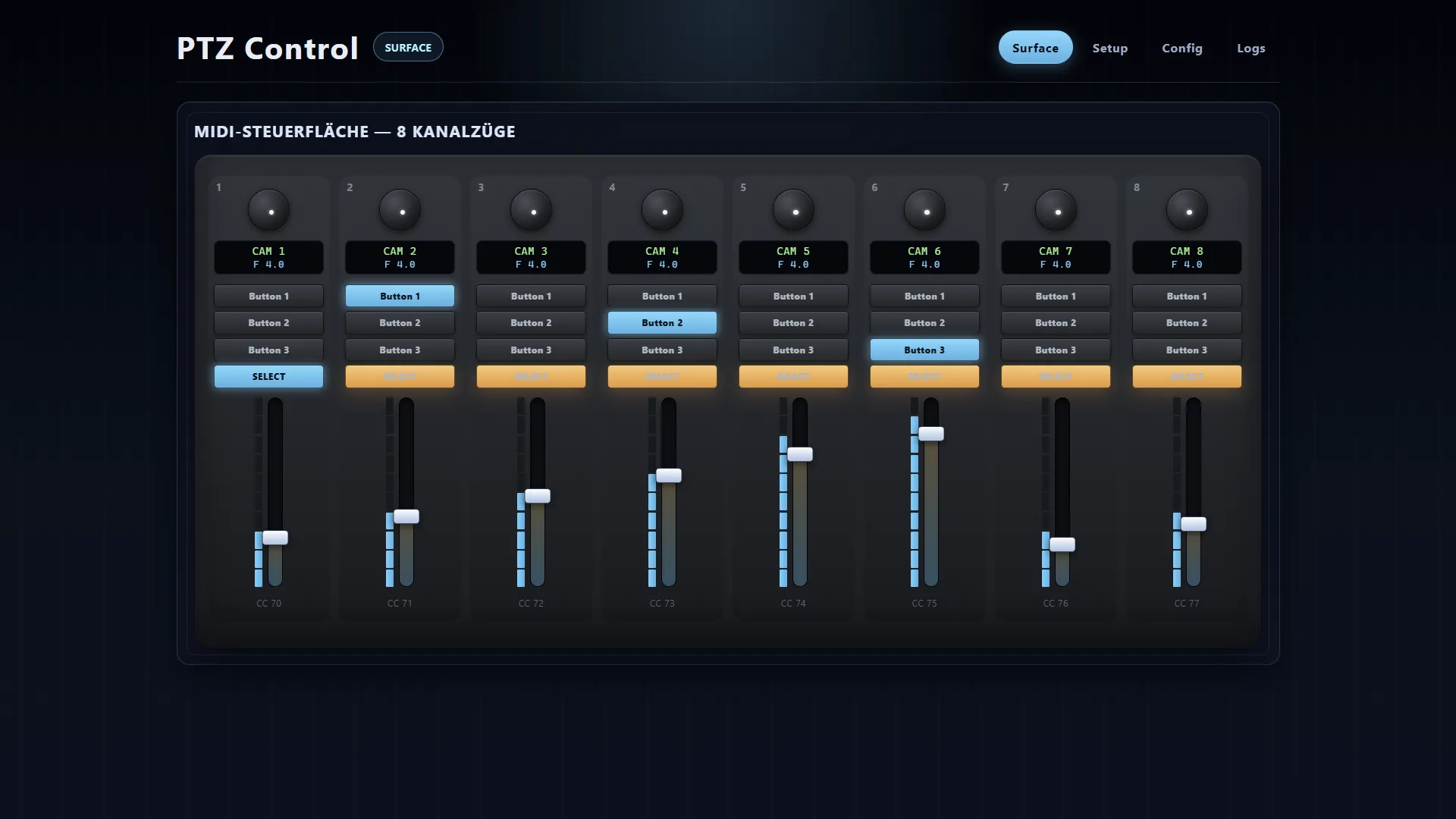 Screenshot der X-Touch PTZ Control Weboberfläche